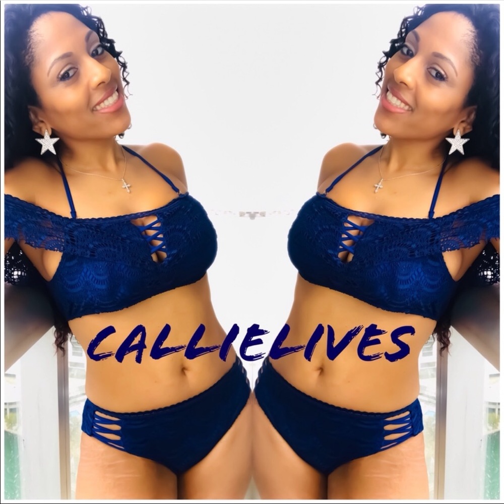 Callie Blue Macrame Lace: Sexy Off Shoulder Bikini - Picture 5 of 9